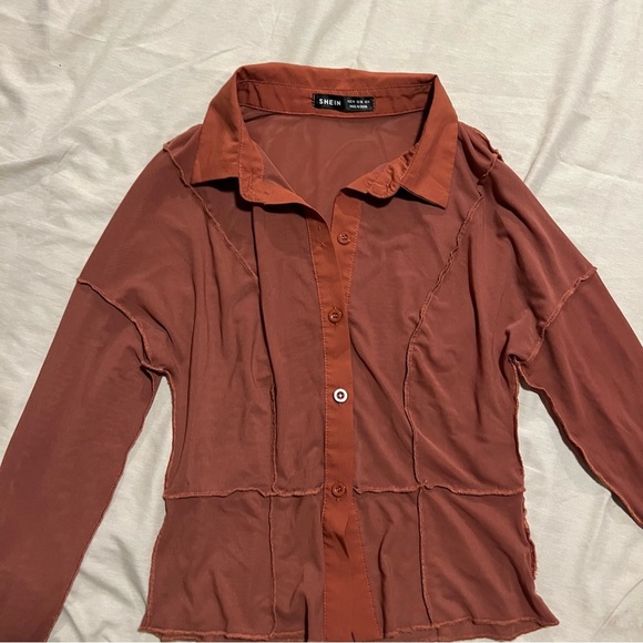 Rust Mesh button up long sleeve collared top | S | NEW never worn mint condition - Picture 2 of 3